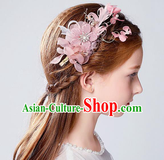 Handmade Children Hair Accessories Pink Flowers Hair Stick, Princess Halloween Model Show Hair Claw Headwear for Kids