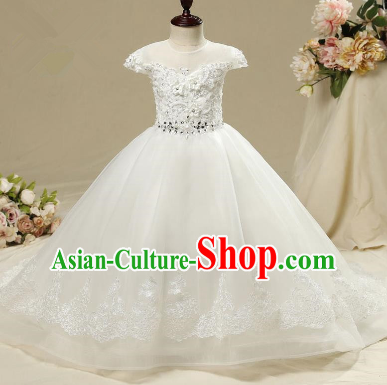 Children Model Show Dance Costume Embroidery White Trailing Full Dress, Ceremonial Occasions Catwalks Princess Veil Dress for Girls