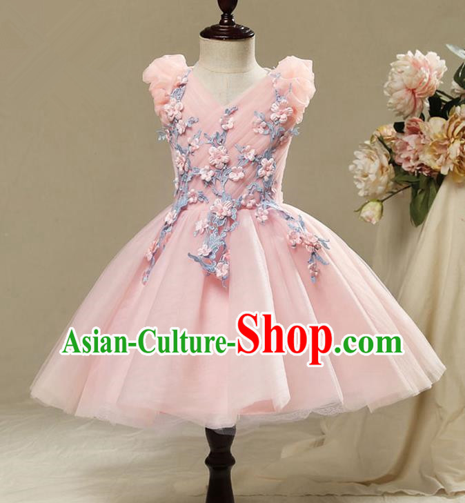 Children Model Show Dance Costume Embroidery Pink Bubble Full Dress, Ceremonial Occasions Catwalks Princess Veil Dress for Girls