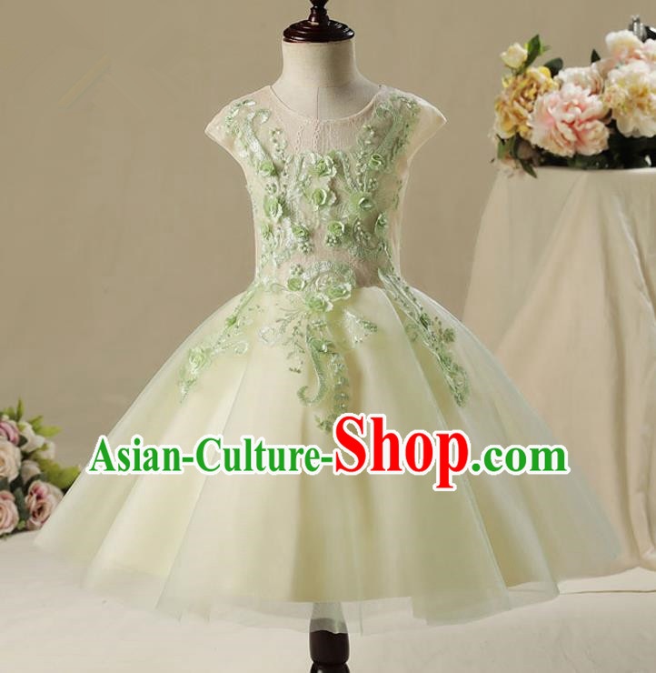 Children Model Show Dance Costume Embroidery Green Bubble Full Dress, Ceremonial Occasions Catwalks Princess Veil Dress for Girls