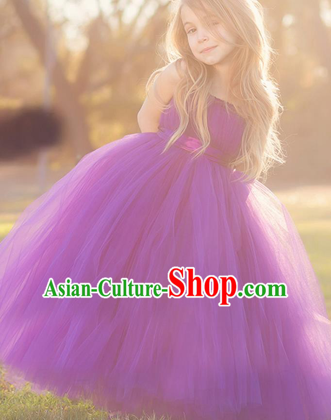 Children Model Show Dance Costume Purple Veil Full Dress, Ceremonial Occasions Catwalks Princess Dress for Girls