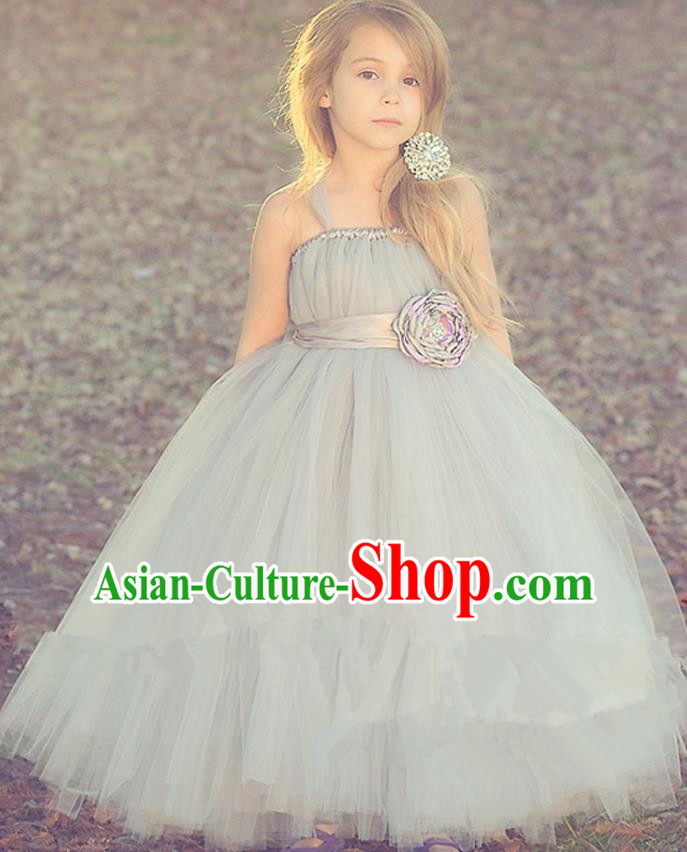 Children Model Show Dance Costume Grey Veil Full Dress, Ceremonial Occasions Catwalks Princess Dress for Girls