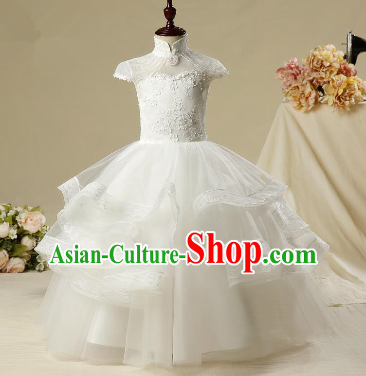 Children Model Show Dance Costume White Embroidery Full Dress, Ceremonial Occasions Catwalks Princess Long Dress for Girls