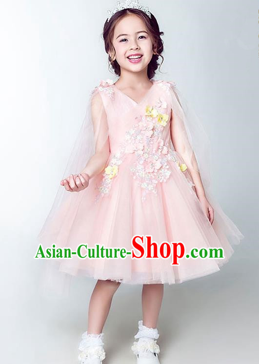 Children Model Show Dance Costume Pink Short Full Dress, Ceremonial Occasions Catwalks Princess Embroidery Dress for Girls