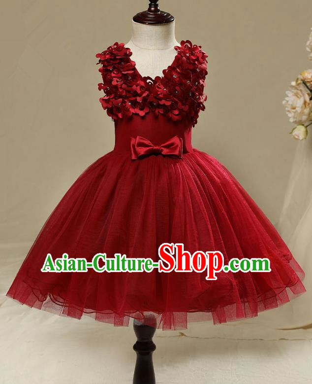 Children Model Show Dance Costume Red Short Full Dress, Ceremonial Occasions Catwalks Princess Embroidery Dress for Girls