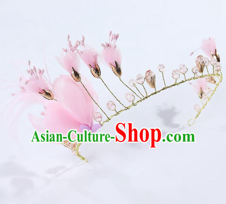 Handmade Children Hair Accessories Pink Flowers Royal Crown, Princess Halloween Model Show Hair Clasp Headwear for Kids