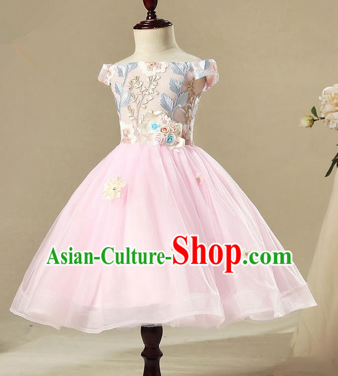 Children Model Show Dance Costume Pink Short Full Dress, Ceremonial Occasions Catwalks Princess Embroidery Dress for Girls