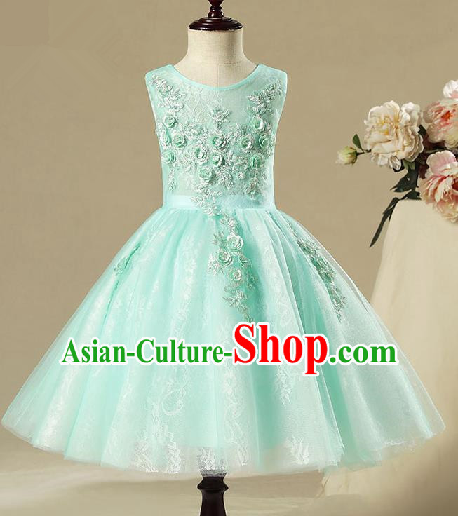 Children Model Show Dance Costume Green Short Full Dress, Ceremonial Occasions Catwalks Princess Embroidery Dress for Girls