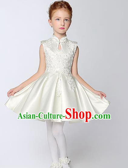 Children Model Show Dance Costume White Satin Cheongsam, Ceremonial Occasions Catwalks Princess Embroidery Dress for Girls