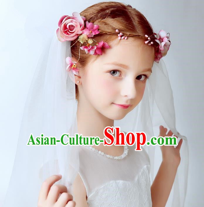Handmade Children Hair Accessories Pink Flowers Hair Clasp, Princess Halloween Model Show Bridal Veil Headwear for Kids