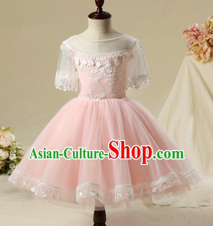 Children Model Show Dance Costume Pink Bubble Full Dress, Ceremonial Occasions Catwalks Princess Embroidery Dress for Girls