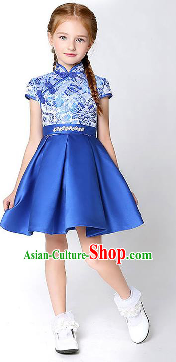 Children Model Dance Costume Compere China Blue Cheongsam, Ceremonial Occasions Catwalks Princess Embroidery Dress for Girls