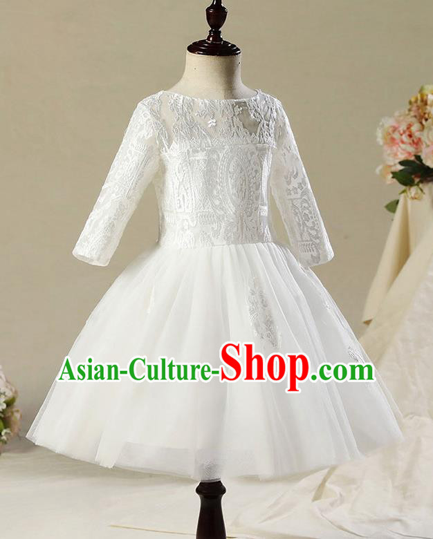 Children Modern Dance Costume Compere White Veil Embroidery Short Evening Dress Princess Dress for Girls