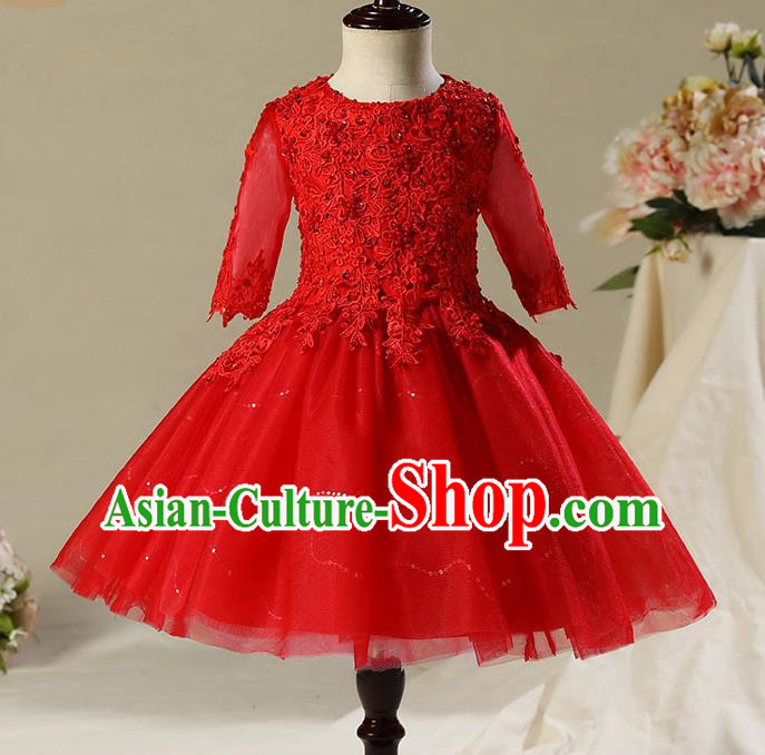 Children Model Dance Costume Compere Red Veil Short Evening Dress, Ceremonial Occasions Catwalks Princess Embroidery Dress for Girls