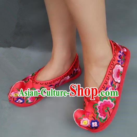 Asian Chinese Shoes Wedding Shoes Handmade Red Embroidered Shoes, Traditional China Princess Shoes Hanfu Become Warped Head Shoe for Women