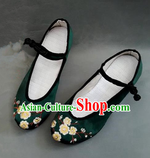 Asian Chinese Shoes Wedding Shoes Handmade Green Embroidered Wintersweet Shoes, Traditional China Princess Shoes Hanfu Become Warped Head Shoe for Women