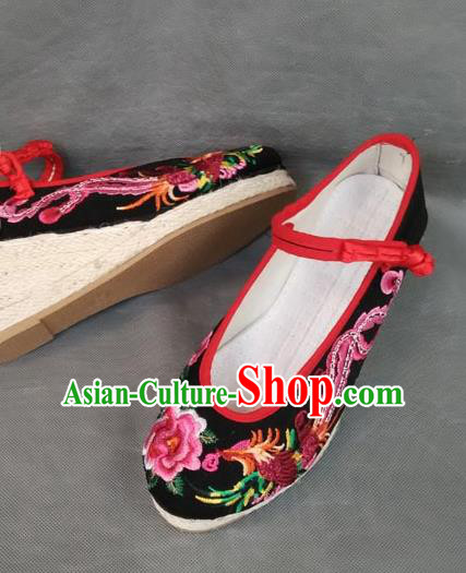 Asian Chinese National Embroidered Shoes, Traditional China Handmade Shoes Hanfu Embroidery Phoenix Peony Black Shoe for Women