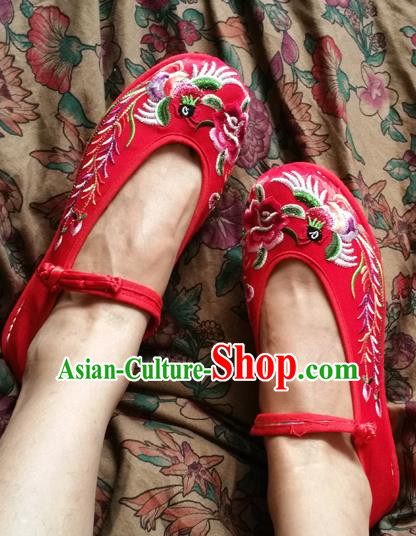 Asian Chinese National Wedding Embroidered Shoes, Traditional China Handmade Shoes Hanfu Embroidery Phoenix Peony Red Shoe for Women