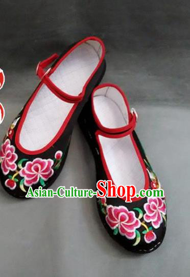 Asian Chinese National Wedding Black Embroidered Shoes, Traditional China Handmade Shoes Hanfu Embroidery Phoenix Peony Shoes for Women