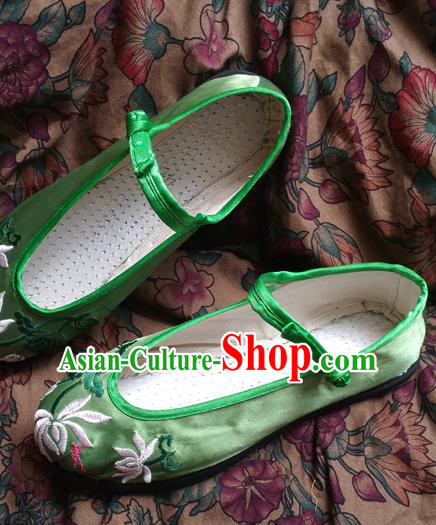 Traditional Chinese National Green Satin Embroidered Shoes, China Handmade Shoes Hanfu Embroidery Shoes for Women