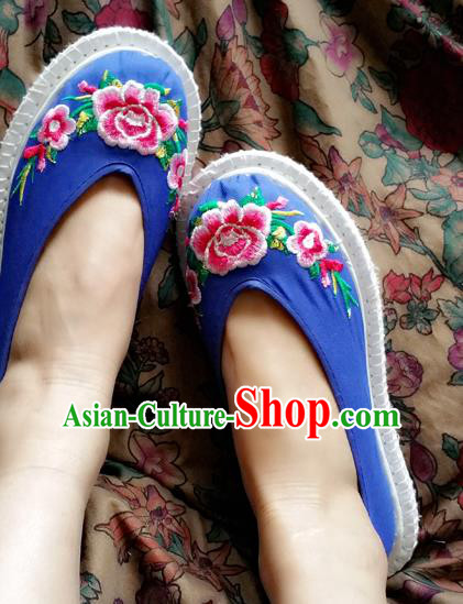 Traditional Chinese National Blue Satin Shoes Embroidered Shoes, China Handmade Shoes Hanfu Embroidery Peony Shoes for Women