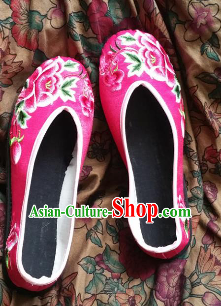 Asian Chinese National Embroidery Peony Wedding Pink Shoes, Traditional China Princess Handmade Embroidered Shoes Hanfu Shoe for Women