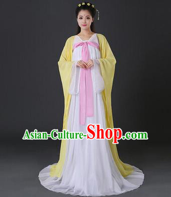 Asian China Ancient Tang Dynasty Palace Lady Costume, Traditional Chinese Princess Hanfu Embroidered Yellow Dress Clothing for Women