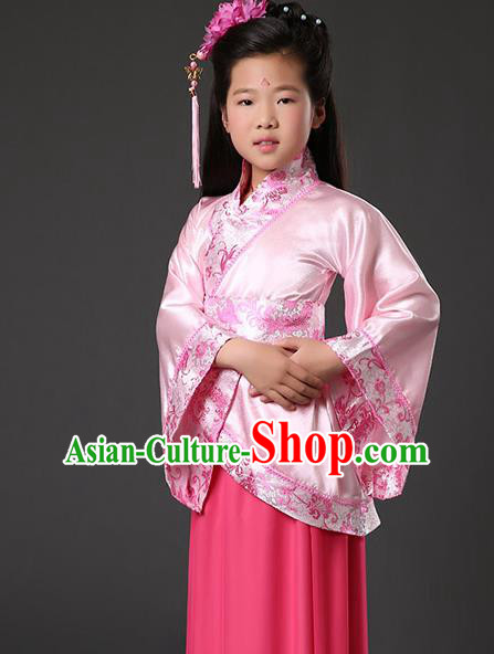 Asian China Ancient Han Dynasty Palace Lady Costume, Traditional Chinese Hanfu Embroidered Pink Curve Bottom Clothing for Kids