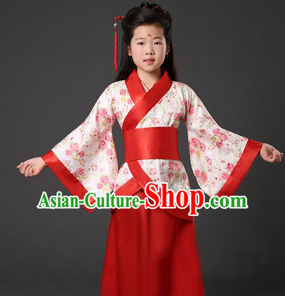 Asian China Ancient Han Dynasty Palace Lady Costume, Traditional Chinese Hanfu Embroidered Red Curve Bottom Clothing for Kids