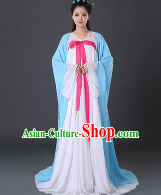 Asian China Ancient Tang Dynasty Palace Lady Costume, Traditional Chinese Princess Hanfu Embroidered Blue Dress Clothing for Women