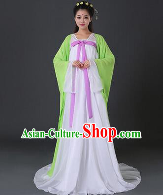 Asian China Ancient Tang Dynasty Palace Lady Costume, Traditional Chinese Princess Hanfu Embroidered Green Dress Clothing for Women