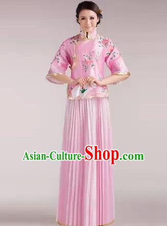 Traditional Ancient Chinese Manchu Nobility Lady Costume, Asian Chinese Qing Dynasty Embroidered Pink Dress Clothing for Women