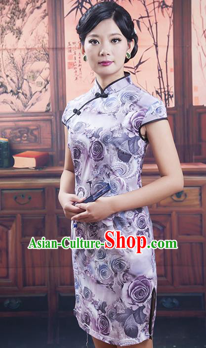 Traditional Ancient Chinese Republic of China Cheongsam, Asian Chinese Chirpaur Short Lilac Qipao Dress Clothing for Women