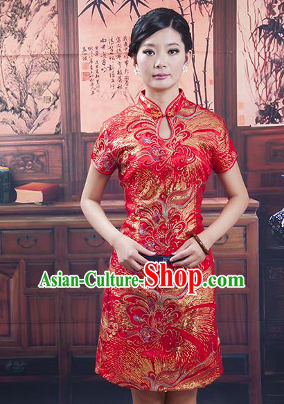 Traditional Ancient Chinese Republic of China Cheongsam, Asian Chinese Chirpaur Short Red Qipao Dress Clothing for Women