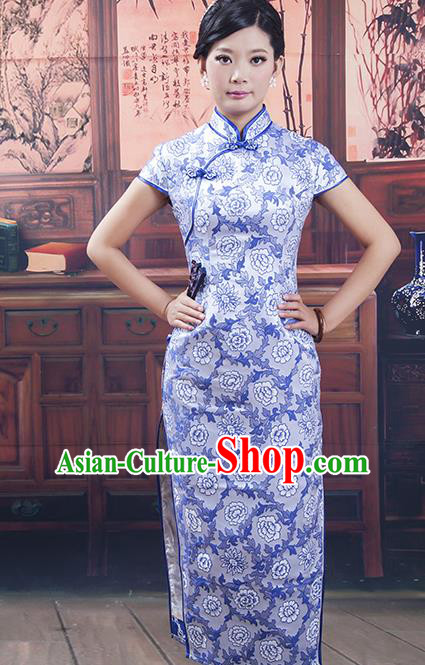 Traditional Ancient Chinese Republic of China Cheongsam, Asian Chinese Chirpaur Blue Silk Embroidered Qipao Dress Clothing for Women