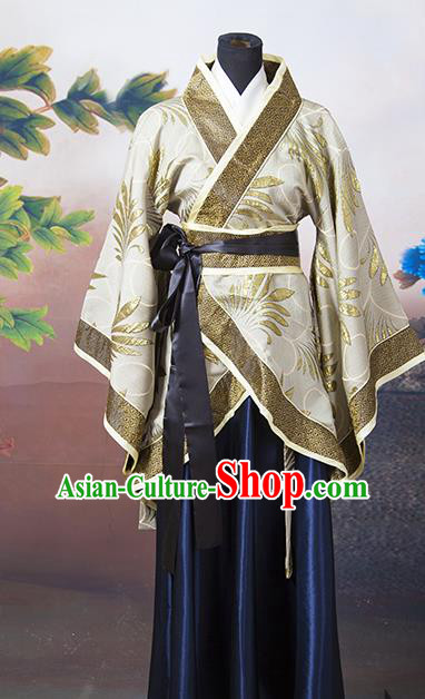 Asian China Ancient Han Dynasty Palace Lady Costume, Traditional Chinese Hanfu Embroidered Golden Curve Bottom Clothing for Women