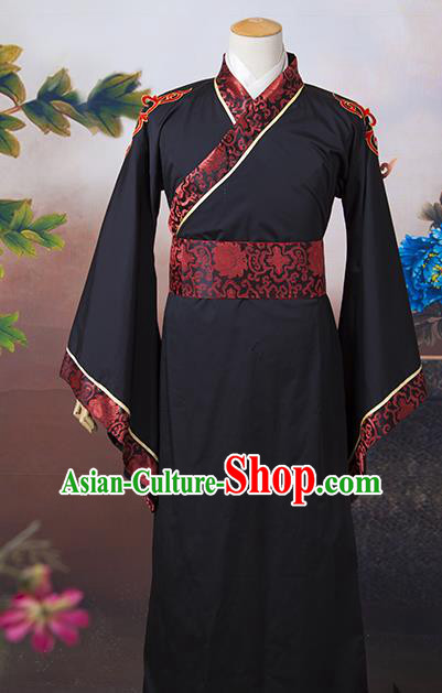 Asian China Ancient Han Dynasty Minister Costume, Traditional Chinese Chancellor Hanfu Embroidered Black Clothing for Men