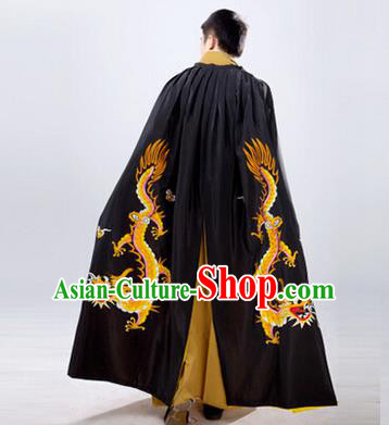 Traditional Ancient Chinese Manchu Prince Costume Long Black Cloak, Asian Chinese Qing Dynasty Royal Highness Embroidered Mantle Clothing for Men