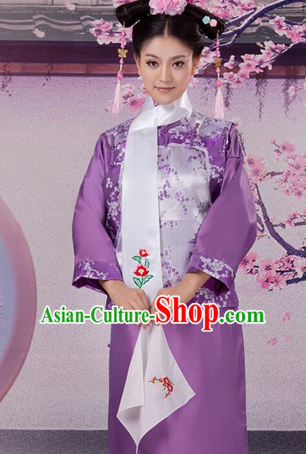 Traditional Ancient Chinese Imperial Consort Costume, Chinese Qing Dynasty Manchu Lady Princess Embroidered Purple Dress Clothing for Women