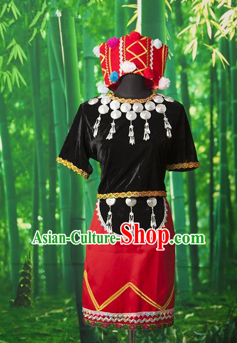 Traditional Chinese Miao Nationality Dancing Costume, Hmong Female Folk Dance Ethnic Pleated Skirt, Chinese Minority Nationality Embroidery Costume for Women