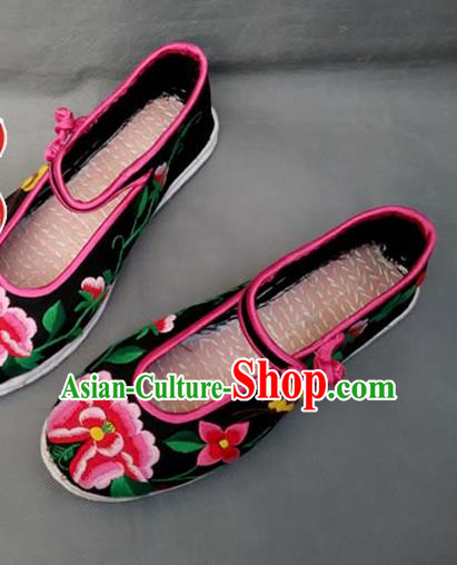 Traditional Chinese National Black Cloth Shoes Embroidered Shoes, China Handmade Shoes Hanfu Embroidery Peony Shoes for Women