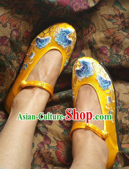 Traditional Chinese National Embroidered Shoes Yellow Satin Shoes, China Handmade Shoes Hanfu Embroidery Shoes for Women