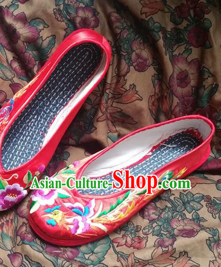 Traditional Chinese National Embroidered Shoes Wedding Red Shoes, China Handmade Shoes Hanfu Embroidery Dragon and Phoenix Shoes for Women