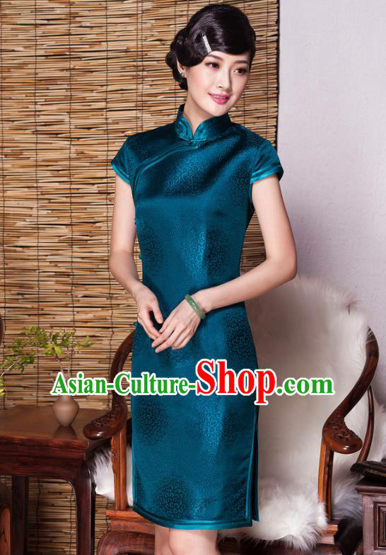 Traditional Chinese National Costume Elegant Hanfu Green Mulberry Silk Cheongsam, China Tang Suit Plated Buttons Chirpaur Dress for Women