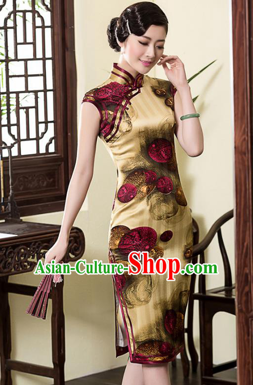 Traditional Chinese National Costume Elegant Hanfu Printing Yellow Silk Cheongsam, China Tang Suit Plated Buttons Chirpaur Dress for Women