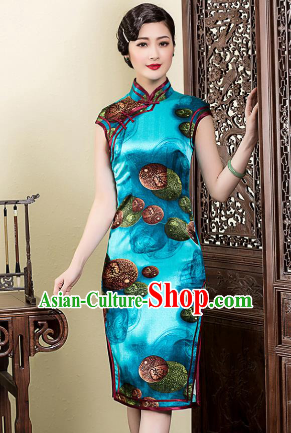 Traditional Chinese National Costume Elegant Hanfu Printing Blue Silk Cheongsam, China Tang Suit Plated Buttons Chirpaur Dress for Women