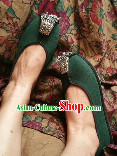 Traditional Chinese National Embroidered Shoes Handmade Green Linen Shoes, China Hanfu Embroidery Shoes for Women