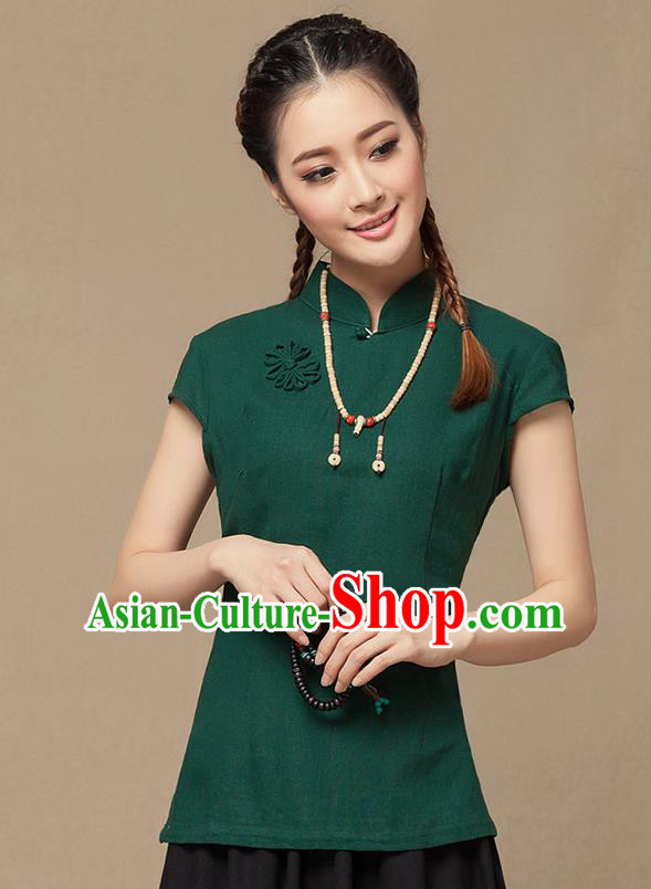 Traditional Chinese National Costume Elegant Hanfu Plated Button Deep Green Shirt, China Tang Suit Slant Opening Blouse Cheongsam Upper Outer Garment for Women