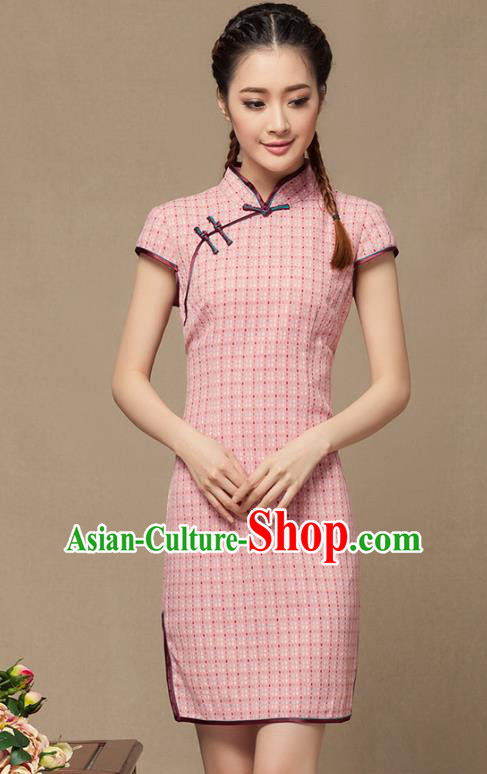 Traditional Chinese National Costume Elegant Hanfu Pink Linen Cheongsam Dress, China Tang Suit Slant Opening Chirpaur Cheong-sam for Women