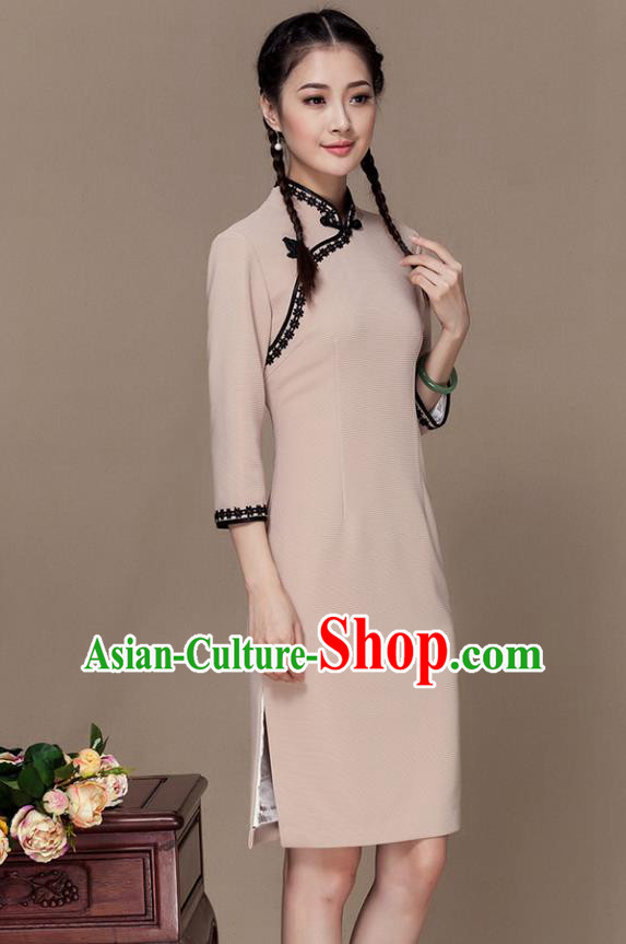 Traditional Chinese National Costume Elegant Hanfu Beige Cheongsam Dress, China Tang Suit Slant Opening Chirpaur Cheong-sam for Women